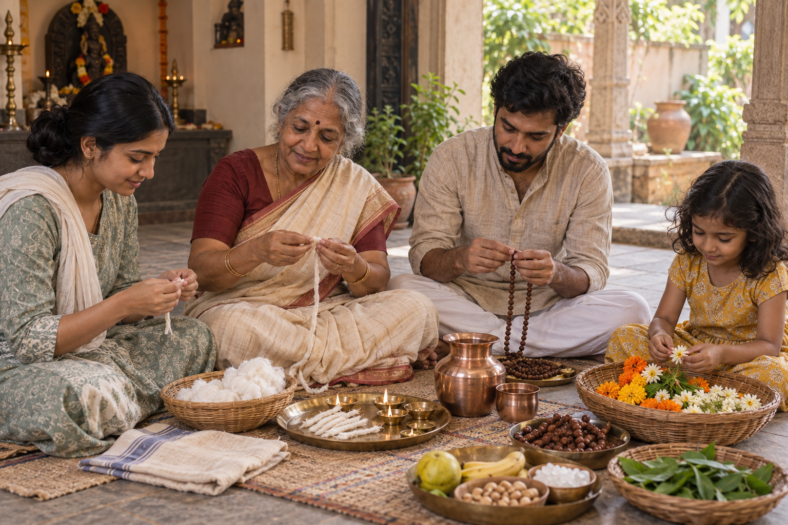 An older woman teaches adults and a child to prepare lamp wicks, flowers, prayer beads, and simple ritual items in a modest courtyard.