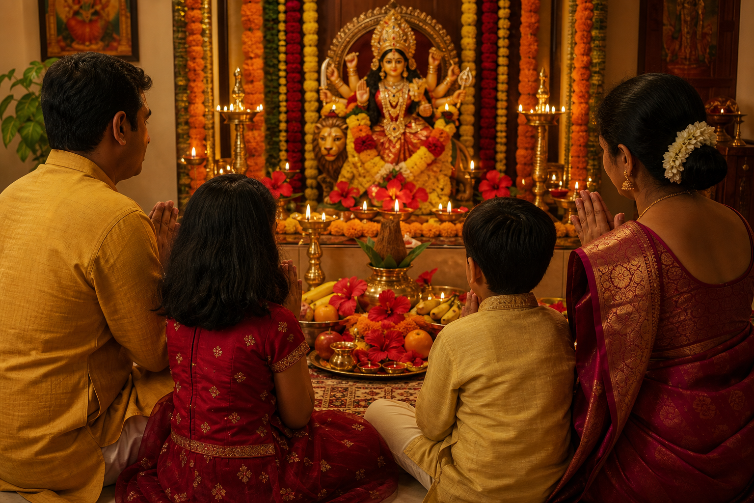 A family in colorful festive clothing prays before a flower-adorned Devi shrine illuminated by brass oil lamps.