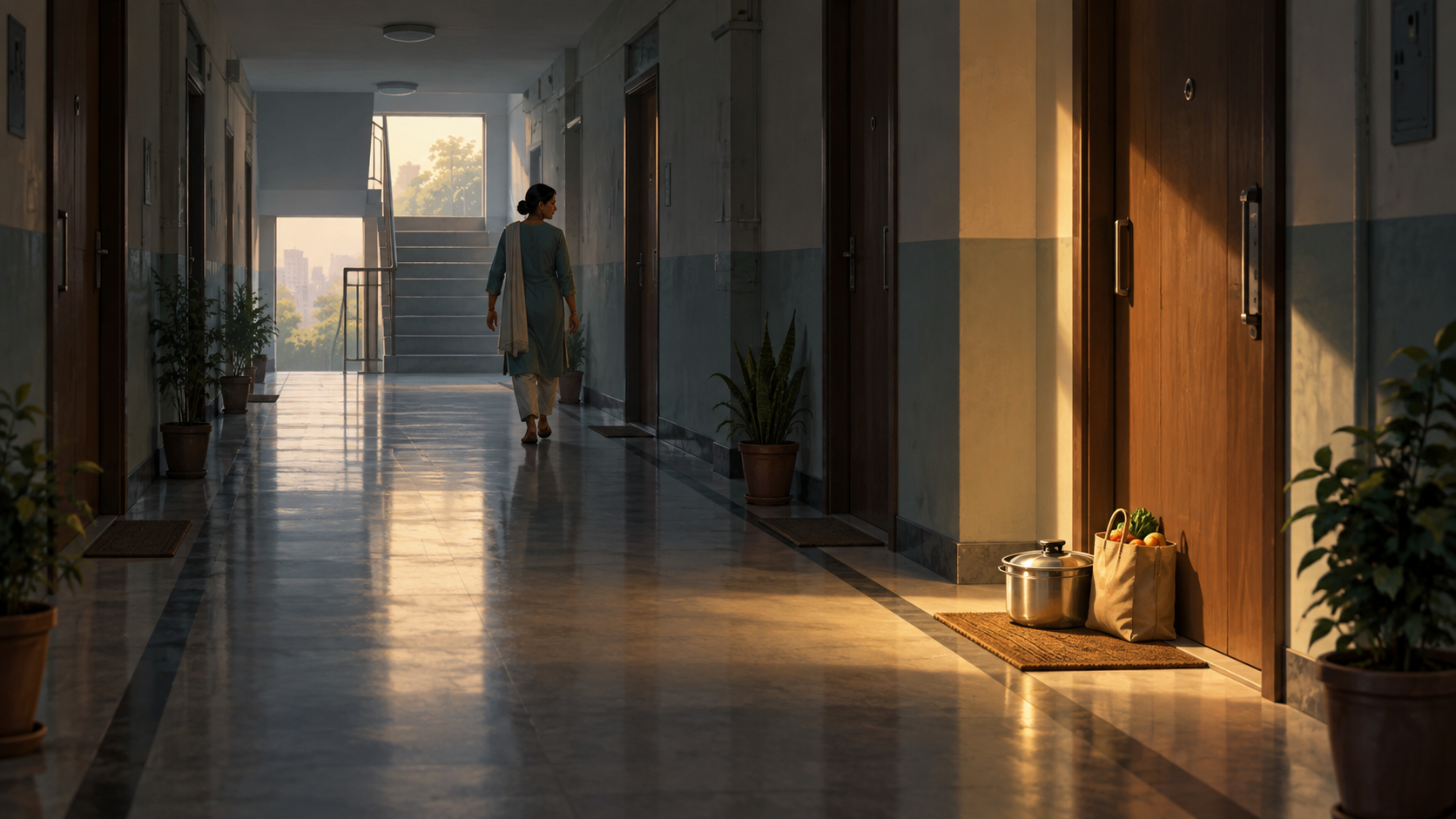 A person quietly leaves a covered food pot and groceries outside an elderly neighbor's apartment door in an empty corridor.