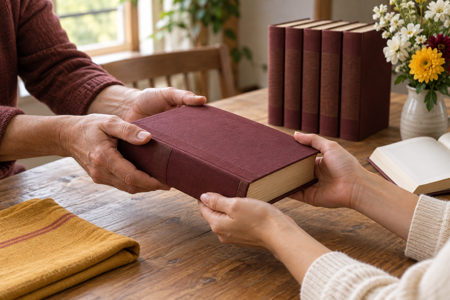 A person passes a clothbound sacred volume across a wooden table beside the rest of a matching scripture set.