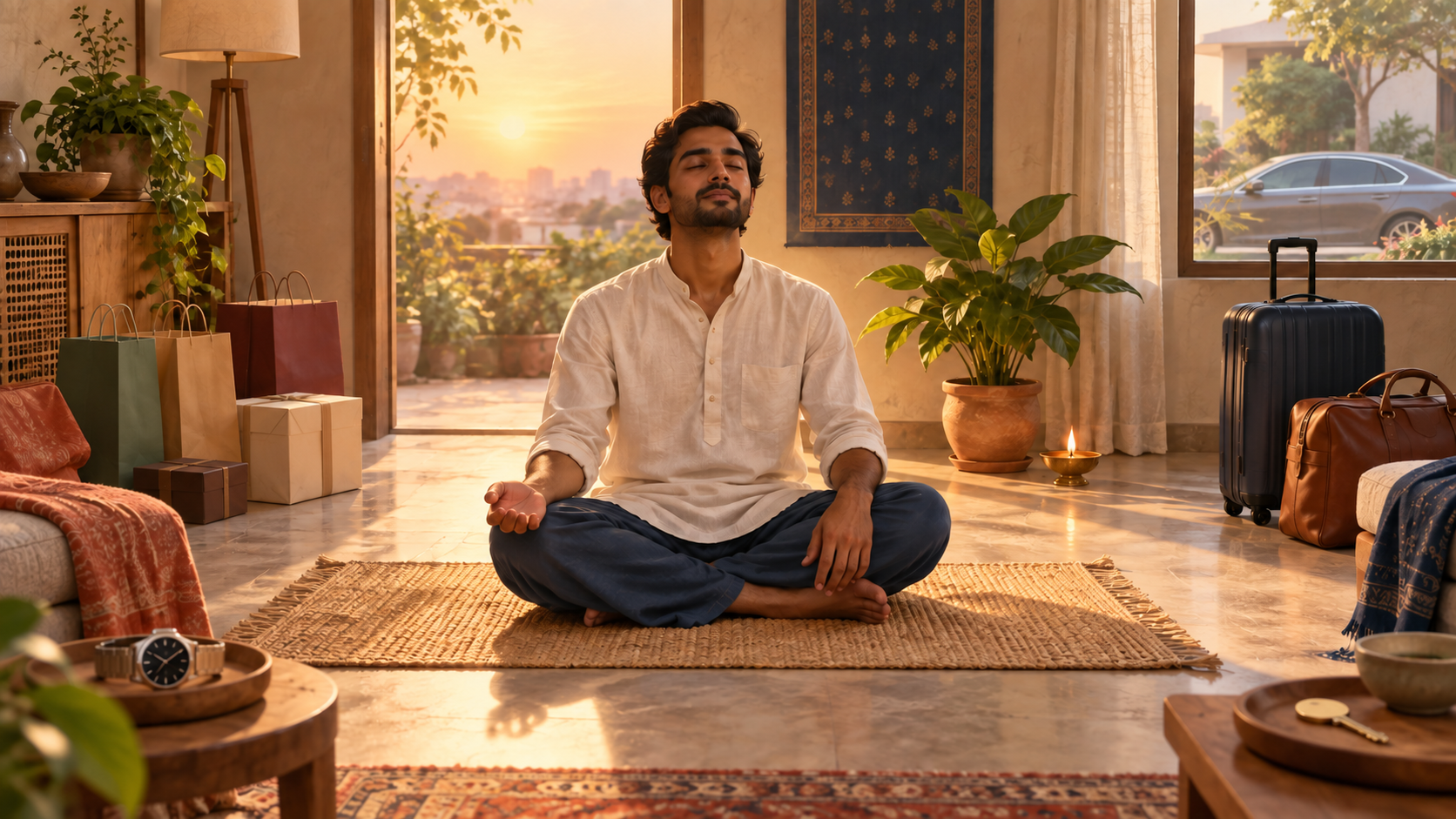A person meditates in a sunlit room while parcels, luggage, a watch, a house key, and other possessions remain around the edges.