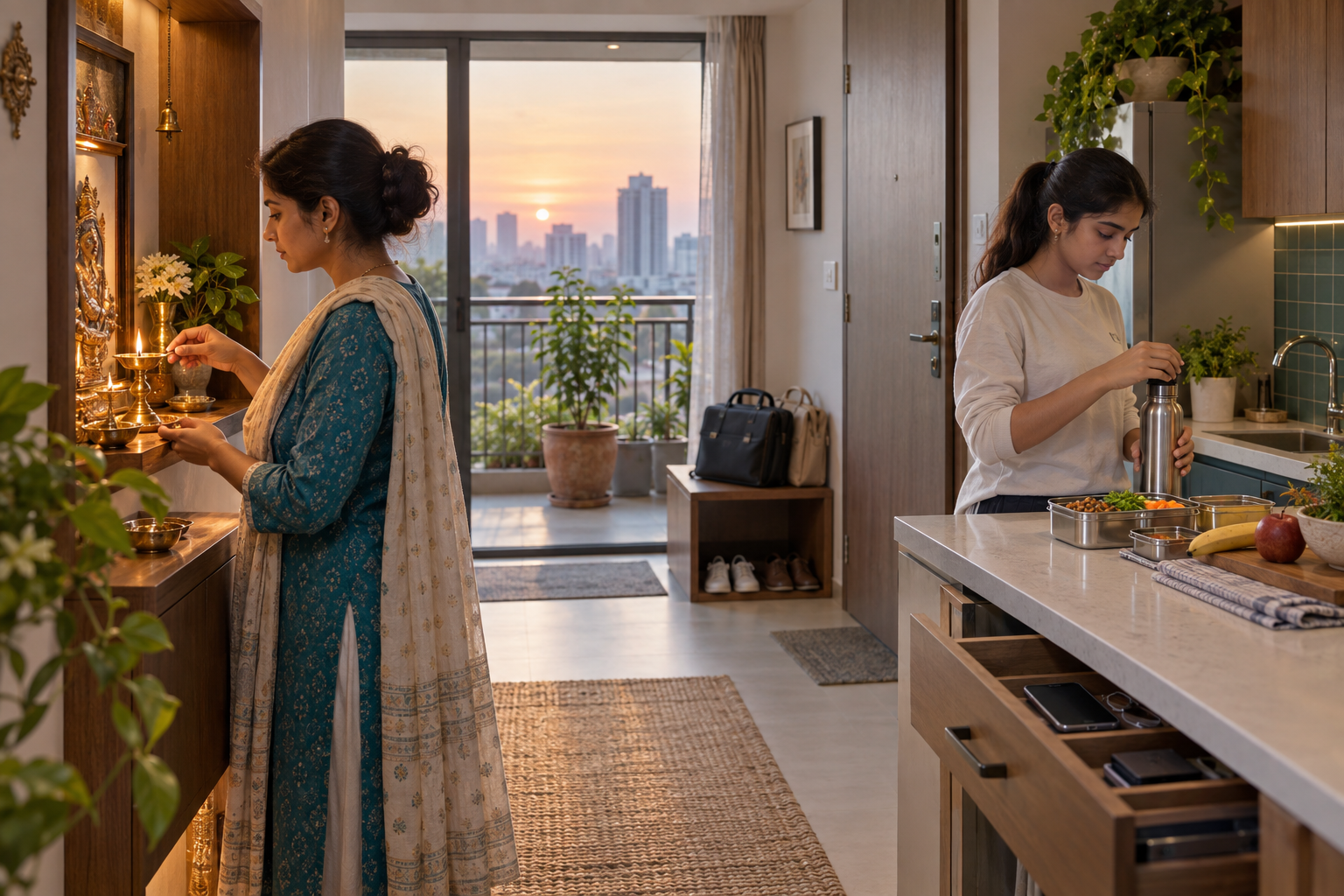 A parent lights a lamp in a modern apartment while an adolescent prepares a simple meal and water bottle beside a balcony tulsi plant.