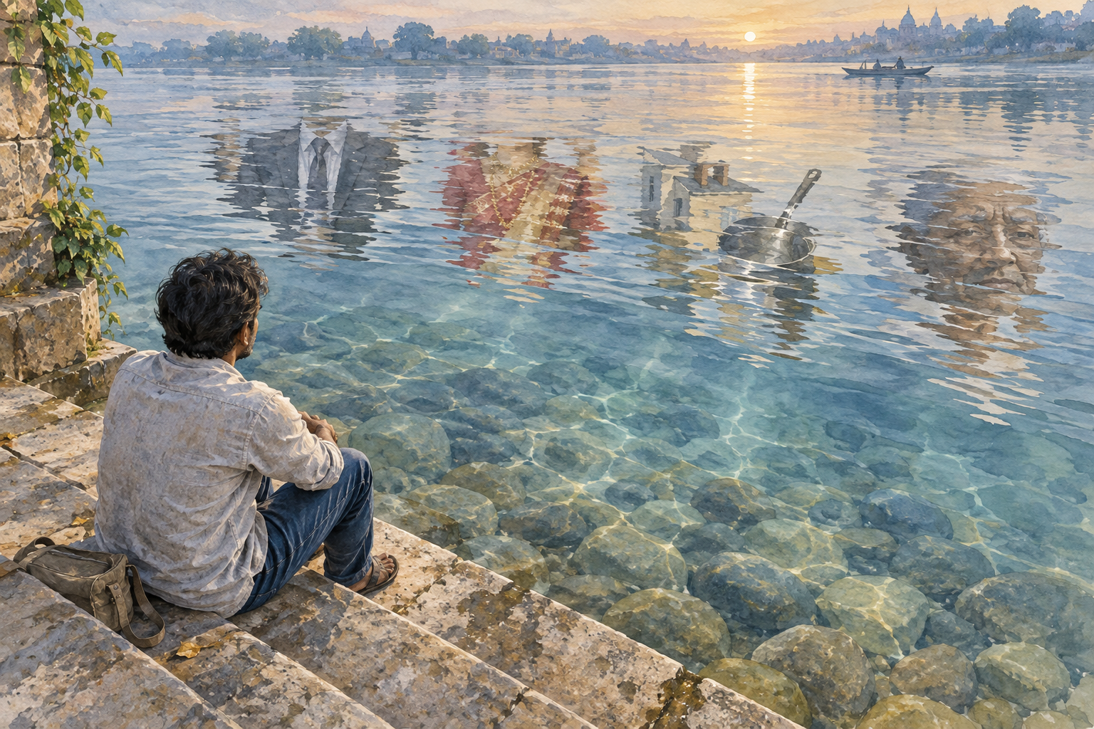 A person sits beside a calm river as fragmented reflections of clothing, tools, and a face move across the clear water.