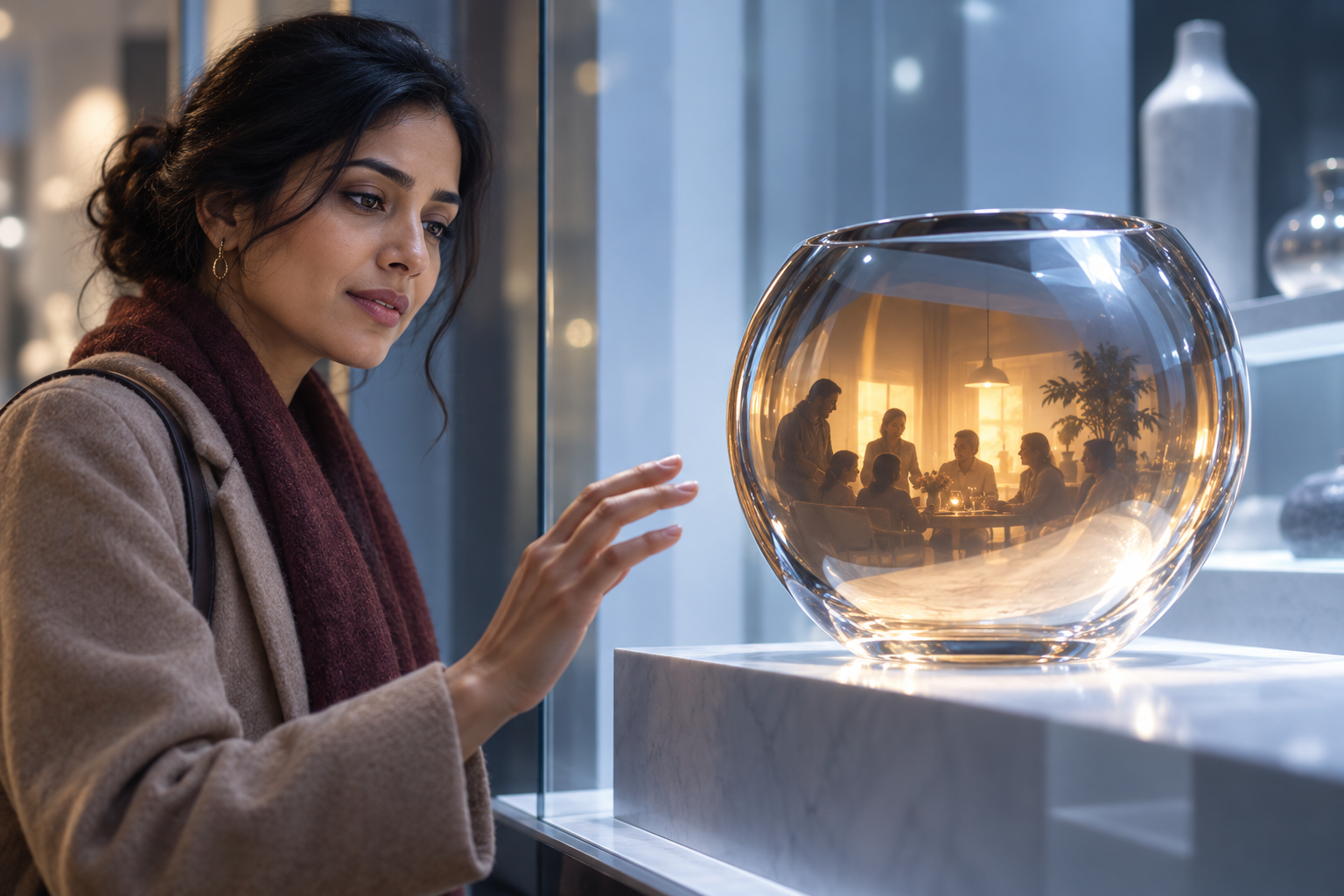 A woman reaches toward an unbranded object whose reflection reveals a warmly lit scene of safety and human connection.