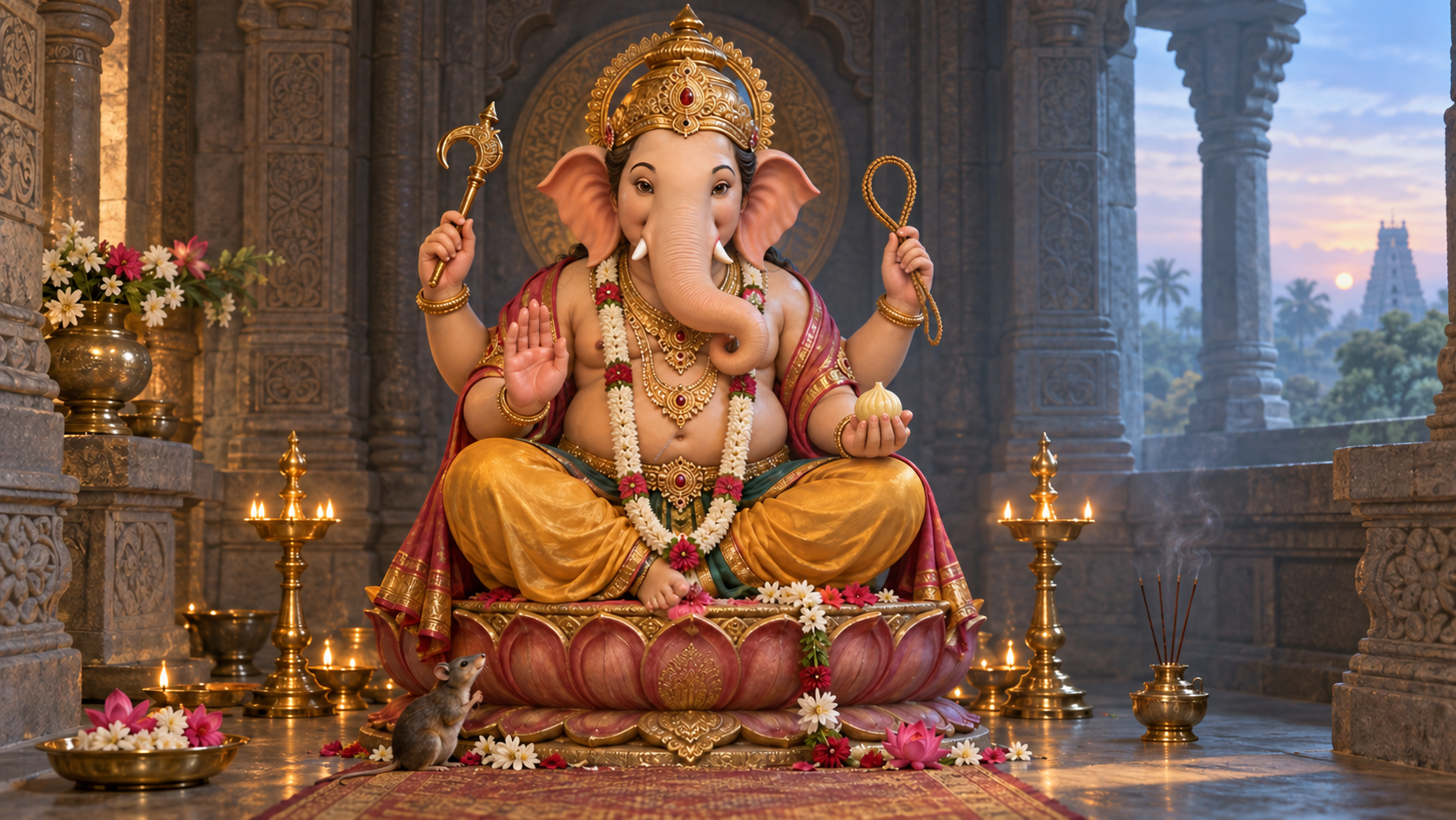 Four-armed Ganesha seated in a softly lit shrine, holding a goad, noose, and sweet while raising one hand in blessing.
