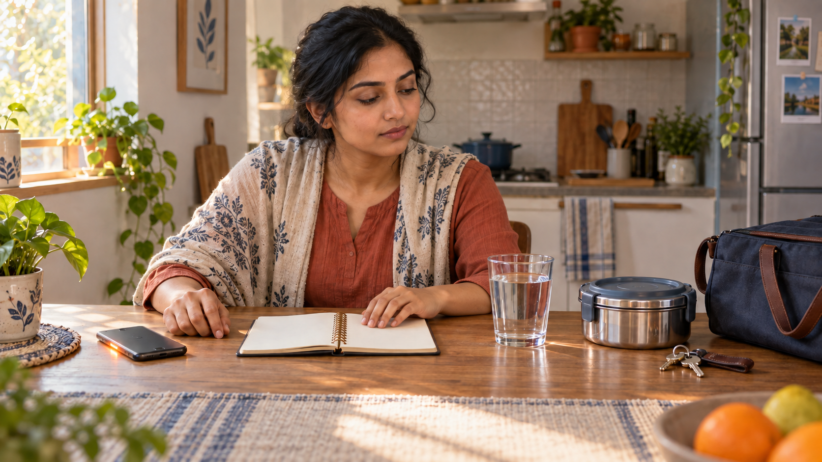 A person pauses at a kitchen table with a smartphone placed face down, a blank notebook, a glass of water, keys, and a packed lunch nearby.