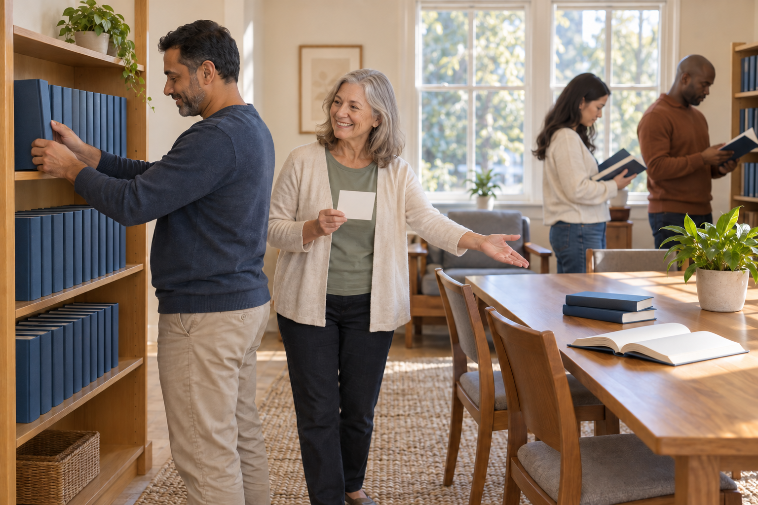 A donor and reading-room caretaker place a complete scripture set on an accessible wooden shelf while visitors browse nearby.