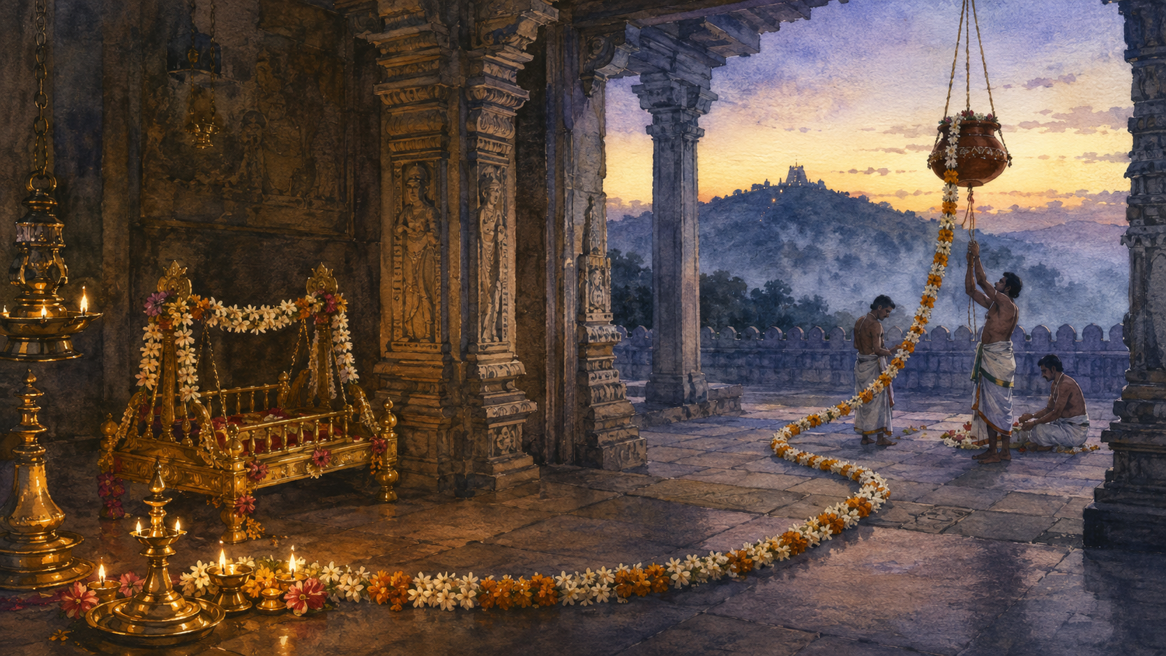 Temple lamps and a flower-decorated Krishna cradle lead toward a dawn courtyard where attendants prepare a hanging clay pot.
