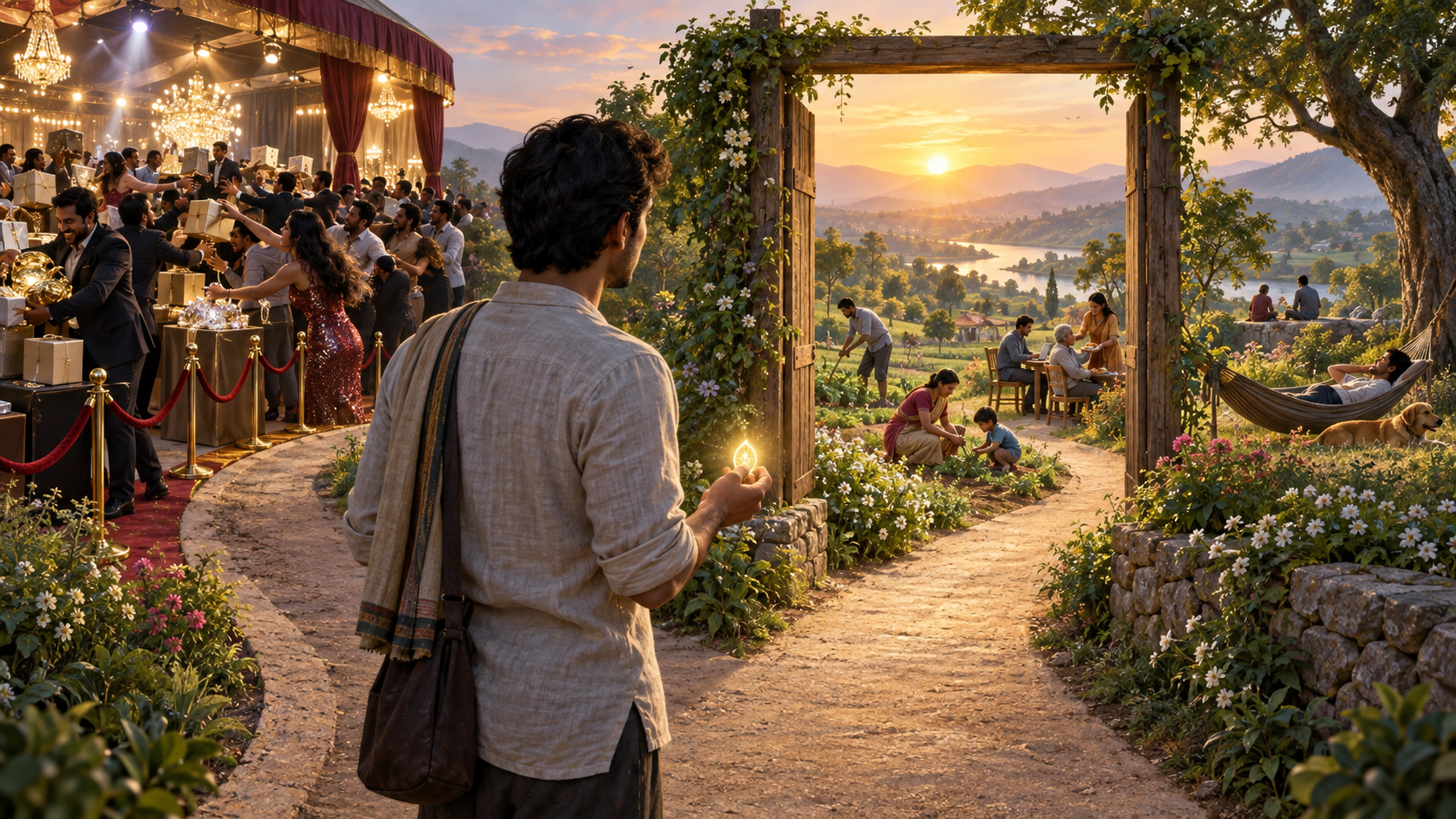 A person holding a glowing seed pauses at a fork between a crowded display of possessions and a balanced path through daily life.