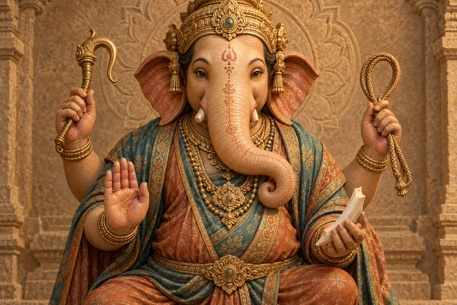 Close view of Ganesha's four arms holding a goad, noose, and broken tusk, with one palm extended in blessing.
