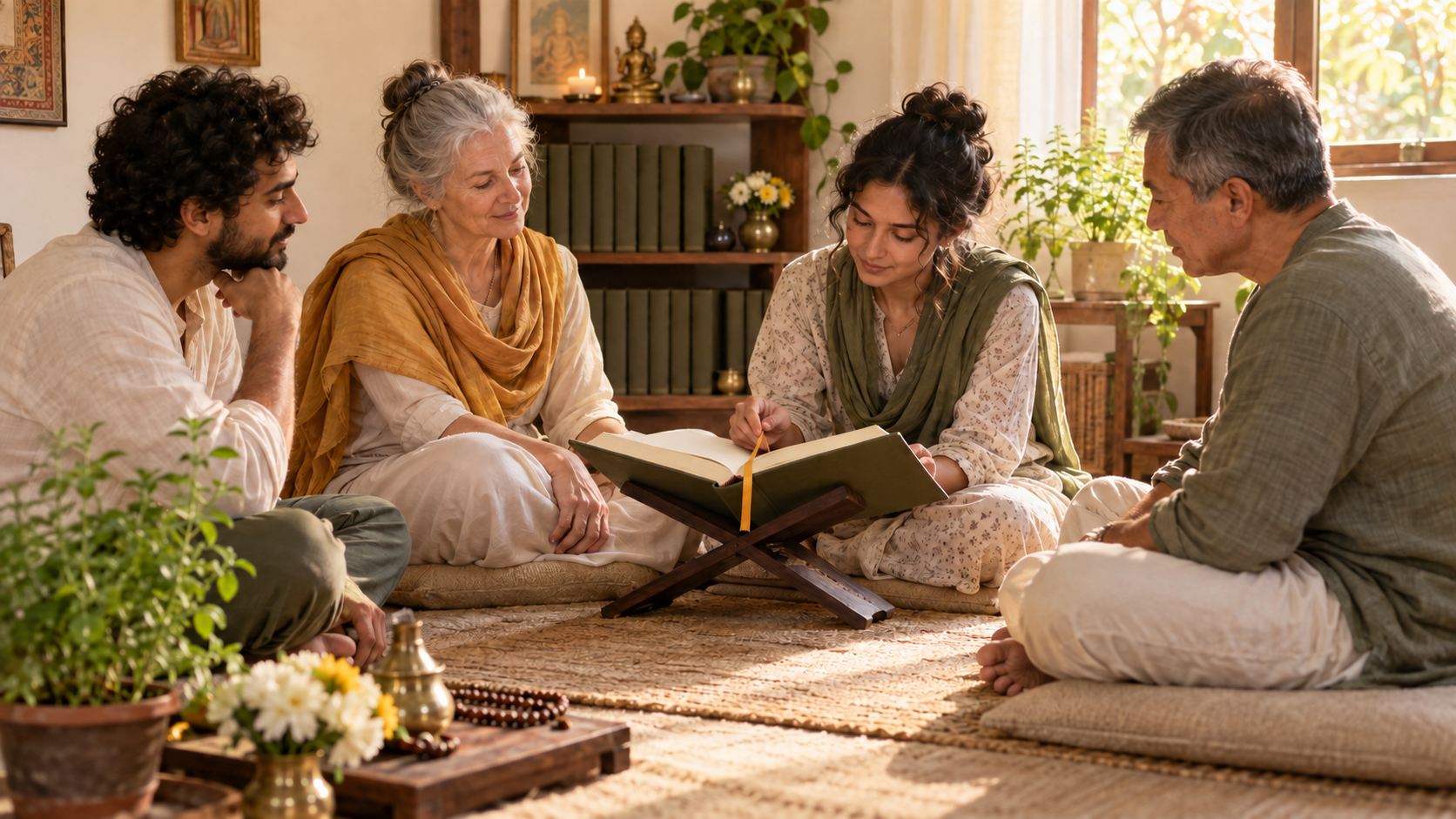 Four adults share a morning reading from a sacred volume while the rest of the matching scripture set stands nearby.