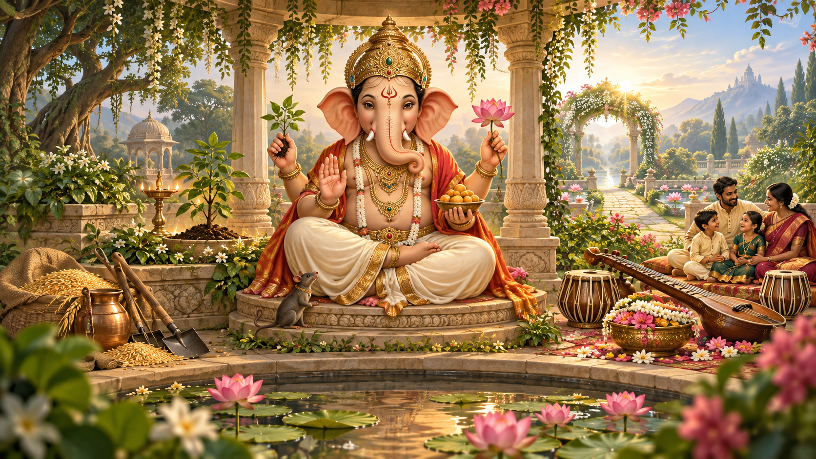 Four-armed Ganesha seated in a circular garden surrounded by a lamp and sapling, tools and grain, flowers and music, and a lotus path toward open sky.