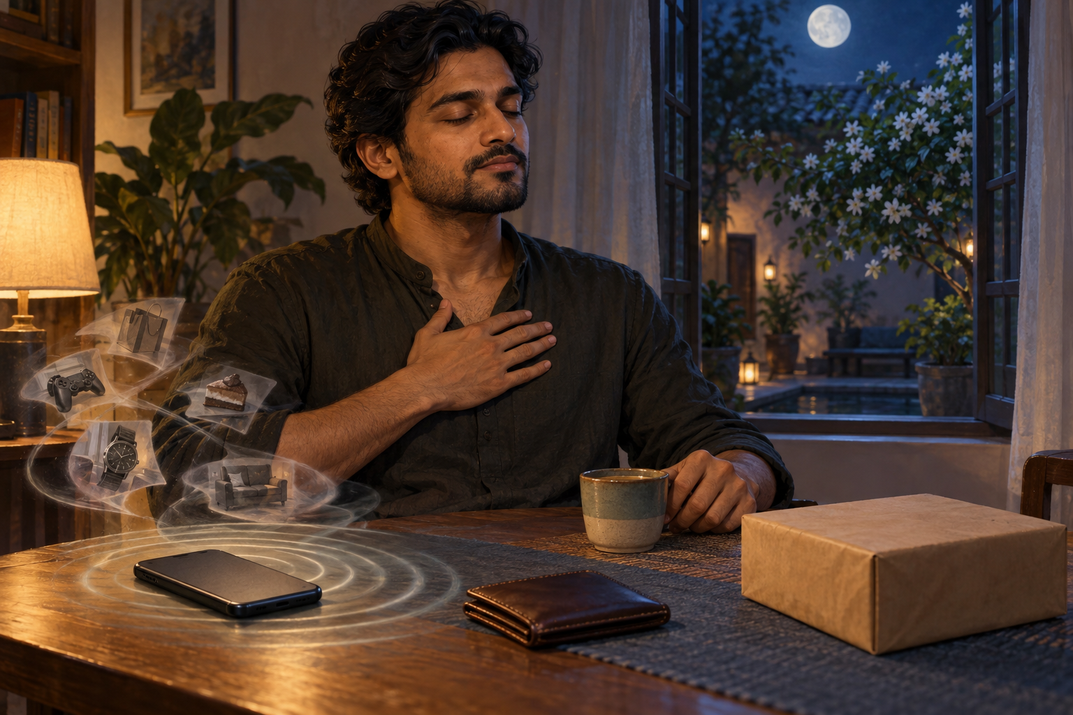 A man pauses beside a face-down phone, closed wallet, and unopened parcel while breathing calmly at an evening table.