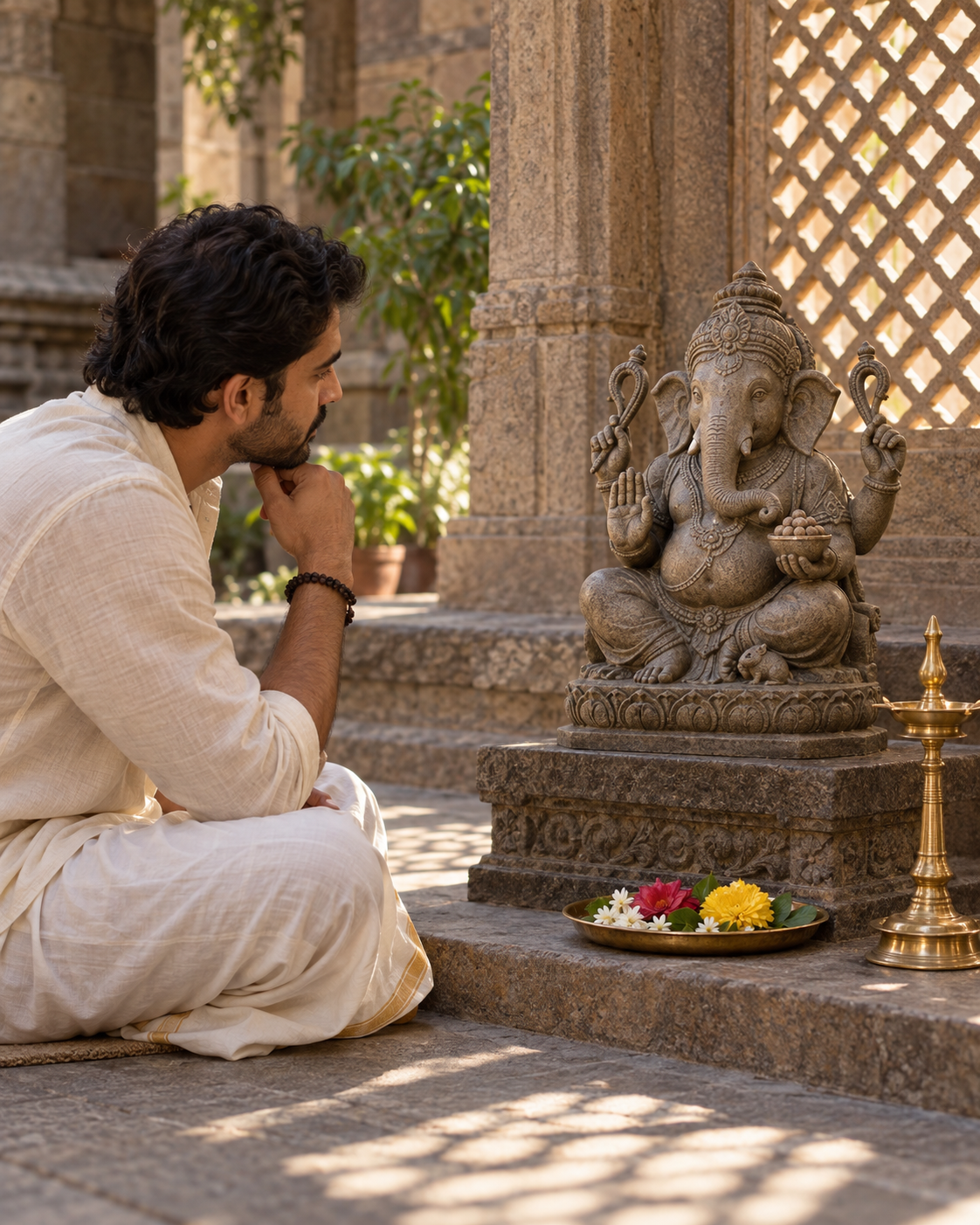 A seated devotee carefully examining the gestures and objects in the four hands of a carved stone Ganesha image.