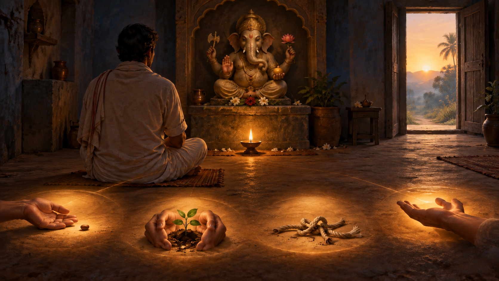 A worshipper reflecting before a Ganesha shrine beside symbolic scenes of a seed, protected plant, untied knot, and open hand facing a bright doorway.