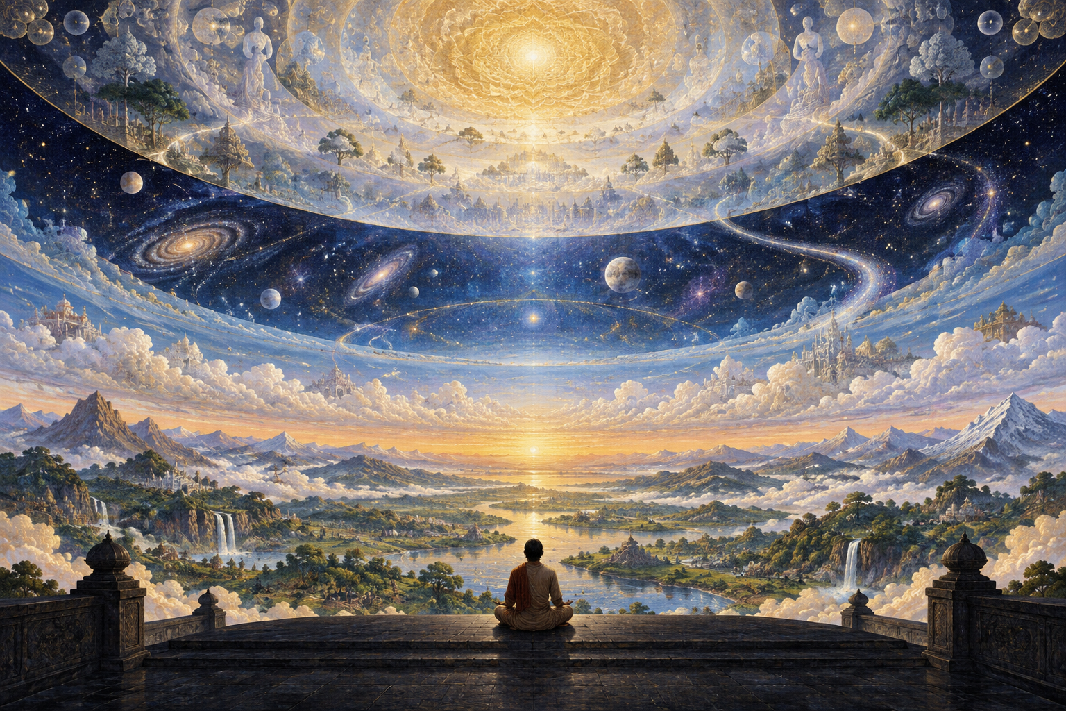 A seated figure looks into a layered cosmos of earthly landscapes, stars, translucent realms, and a radiant golden center.