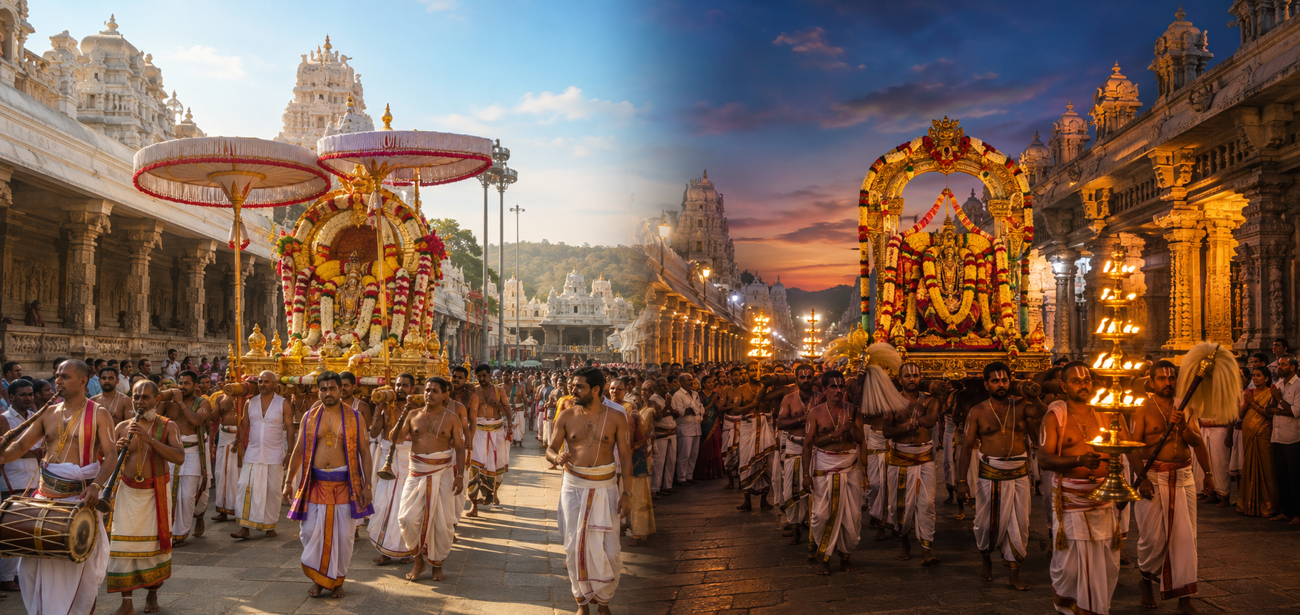Two separate Tirumala festival processions at morning and dusk have different decorations and ceremonial arrangements.