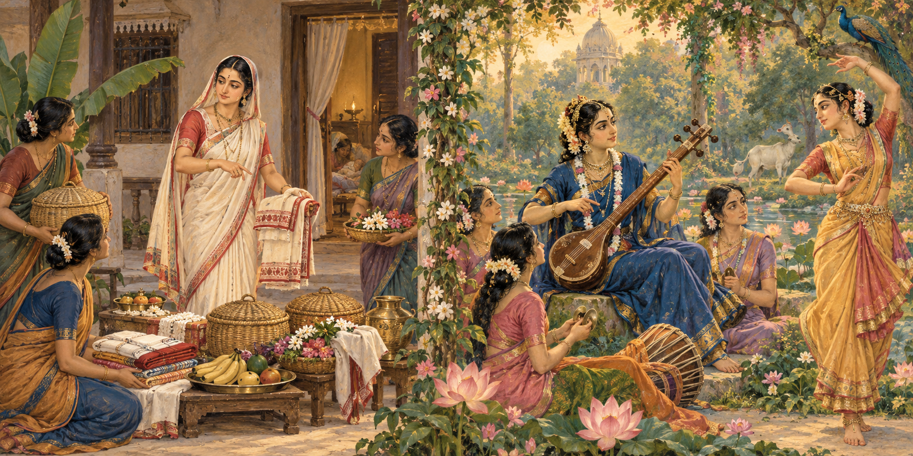 A balanced devotional illustration shows Sita Thakurani directing ceremonial preparations in a Bengali courtyard and Tungavidya Sakhi leading music in a flowering Vrindavan grove.