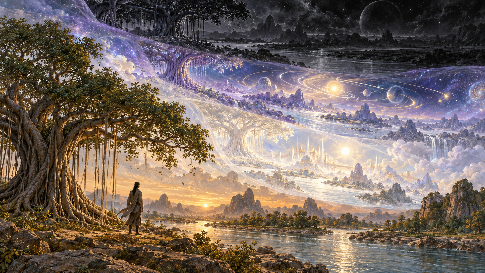 A river landscape appears in several overlapping layers, each with different light, scale, and forms of life.