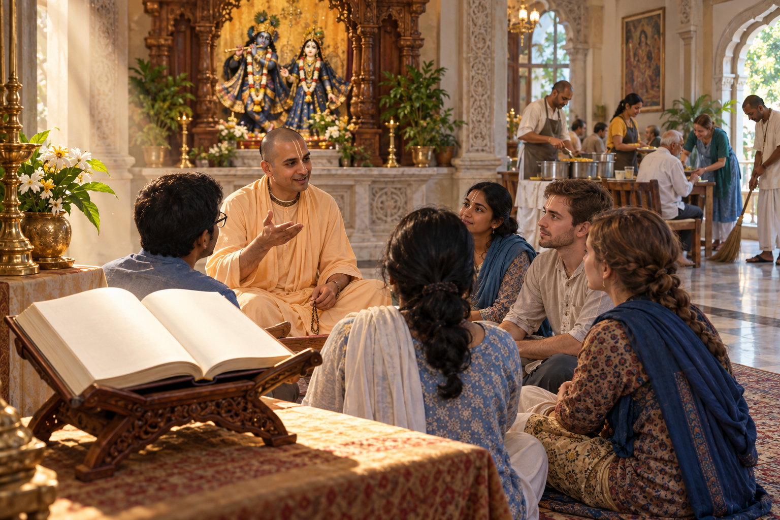 An open sacred book, a teacher explaining it, and devotees serving others appear in three depths of one temple scene.
