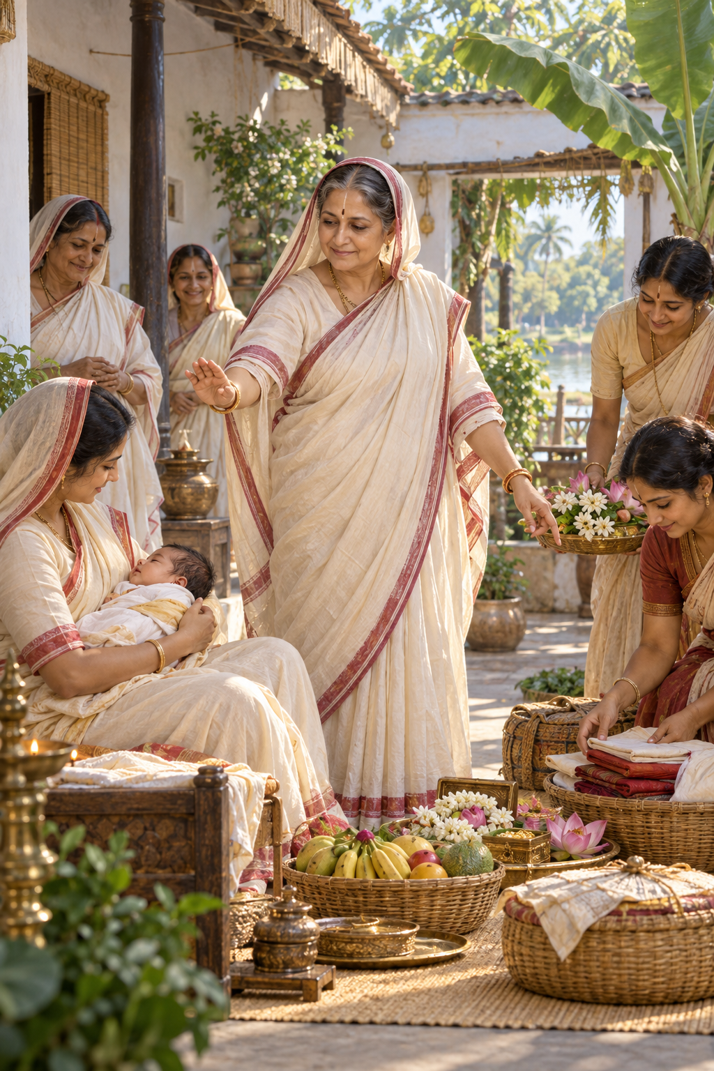 Sita Thakurani blesses a newborn while directing women who arrange cloth, fruit, flowers, and ceremonial gifts in a Bengali courtyard.