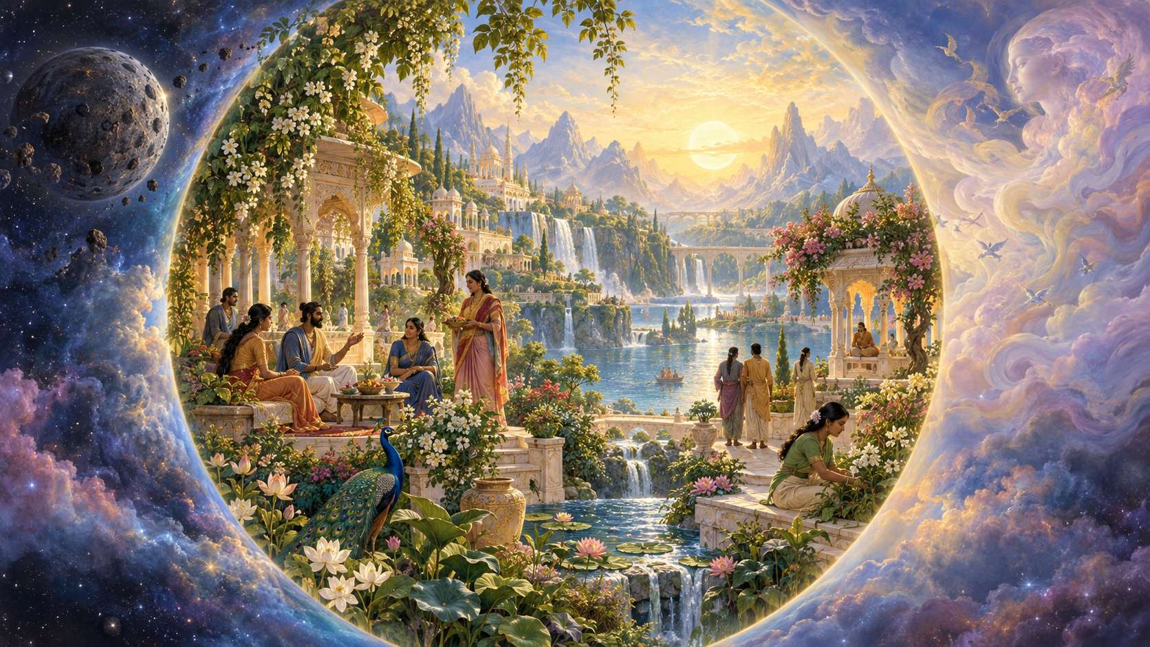 A luminous inhabited realm connects landscape, embodied beings, and an enveloping field of light, with a small planet and a misty form at the edges.