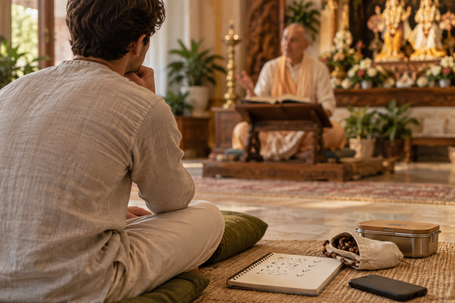 A devotee listens to a teacher while taking simple notes, with meditation beads and a service container beside the notebook.