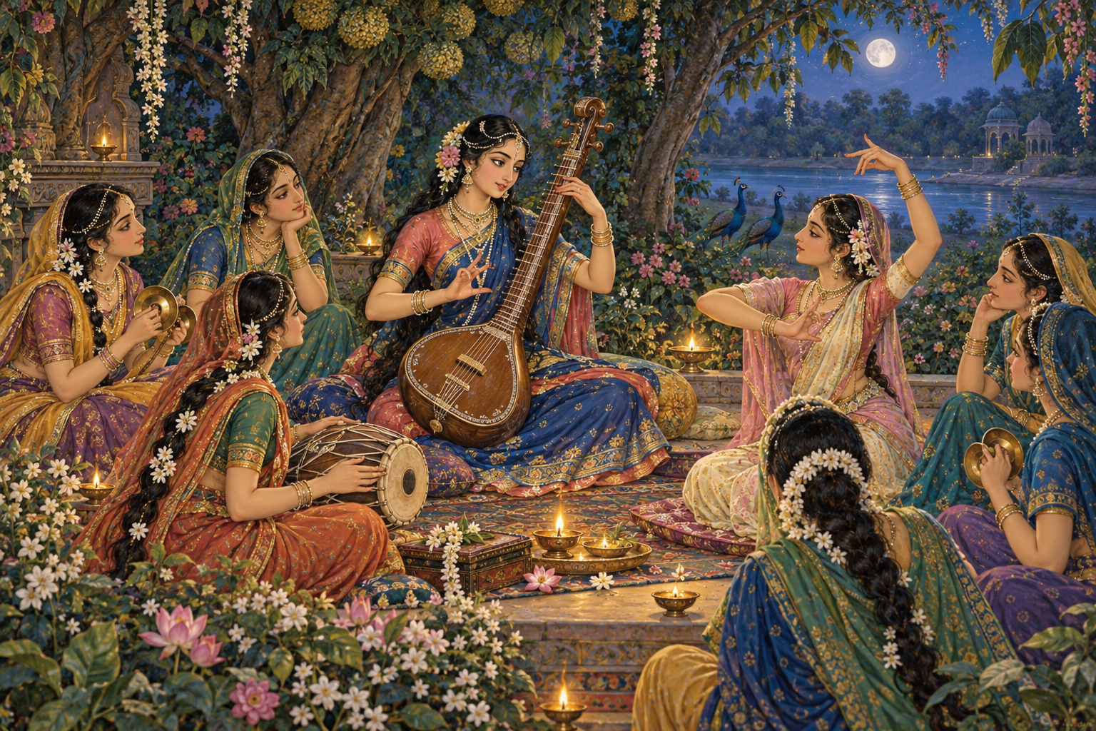 Tungavidya Sakhi plays a stringed instrument and instructs female musicians and a dancer in a flowering Vrindavan grove.
