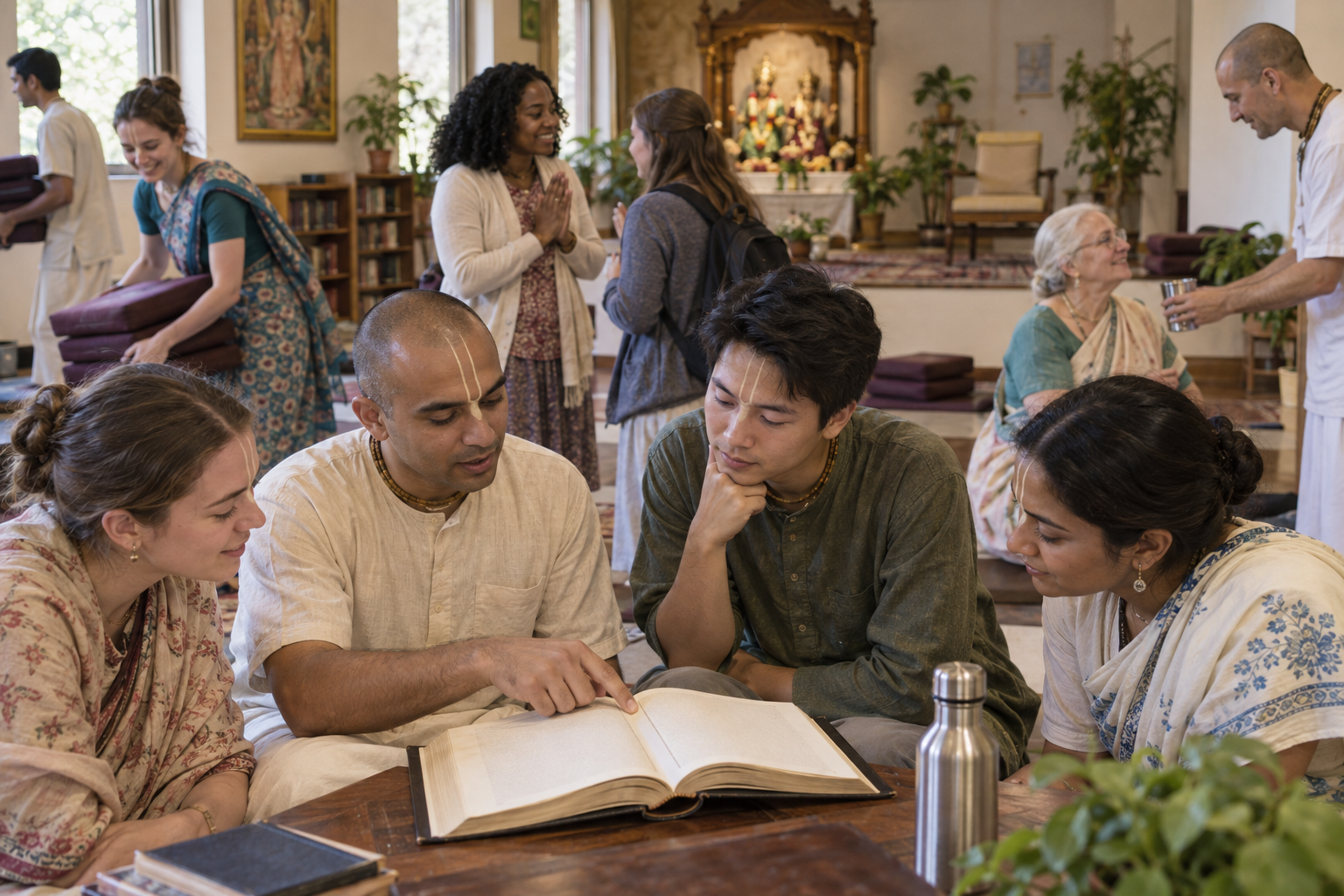 After a scripture class, a teacher and listeners consult an open book while other devotees welcome a newcomer and tidy the room.