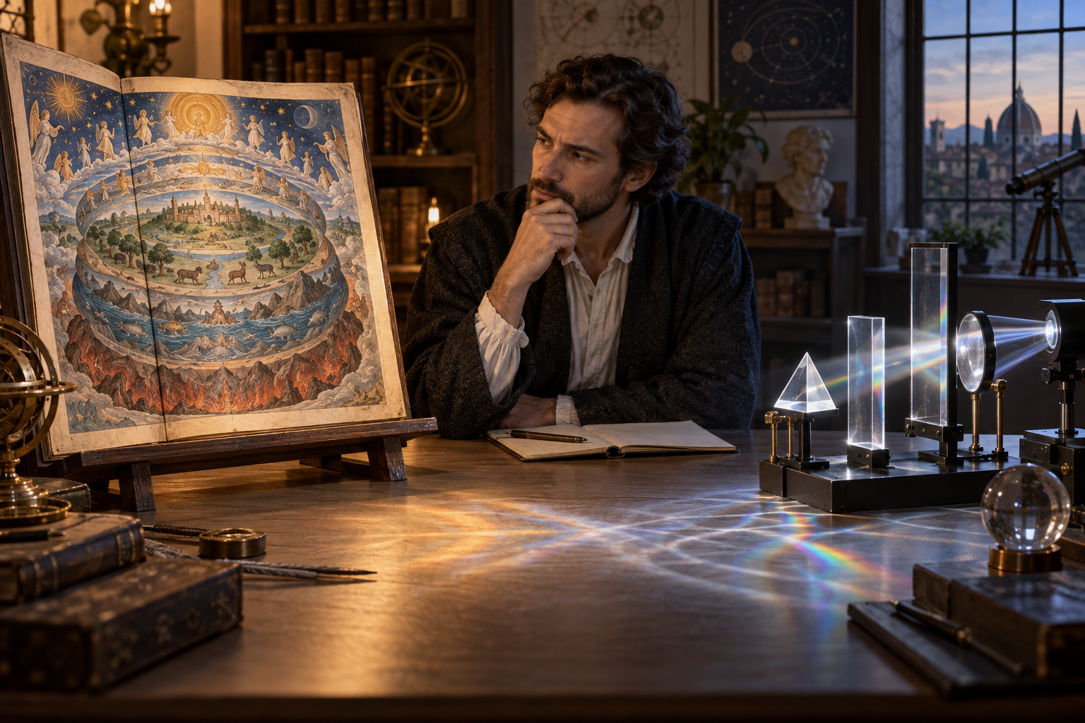A scholar compares an image-based cosmological painting with a modern prism apparatus while keeping the two models separate.