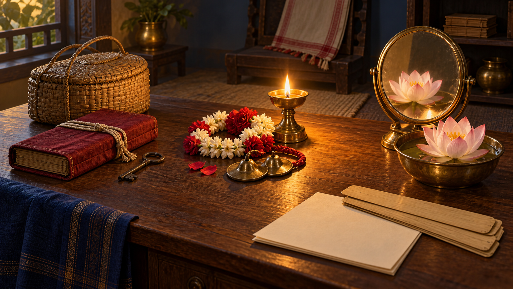 A study desk holds three separated groups of objects: a wrapped manuscript and basket, devotional garland and instruments, and a lotus reflected in a brass mirror.