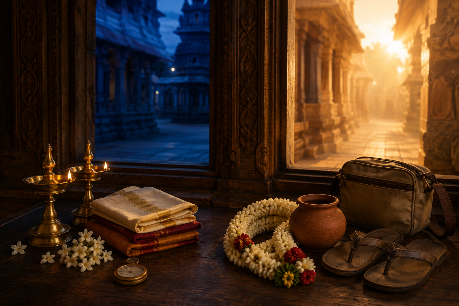 Two groups of pilgrimage items represent an evening temple observance and a next-day celebration, set against a softly lit temple corridor.