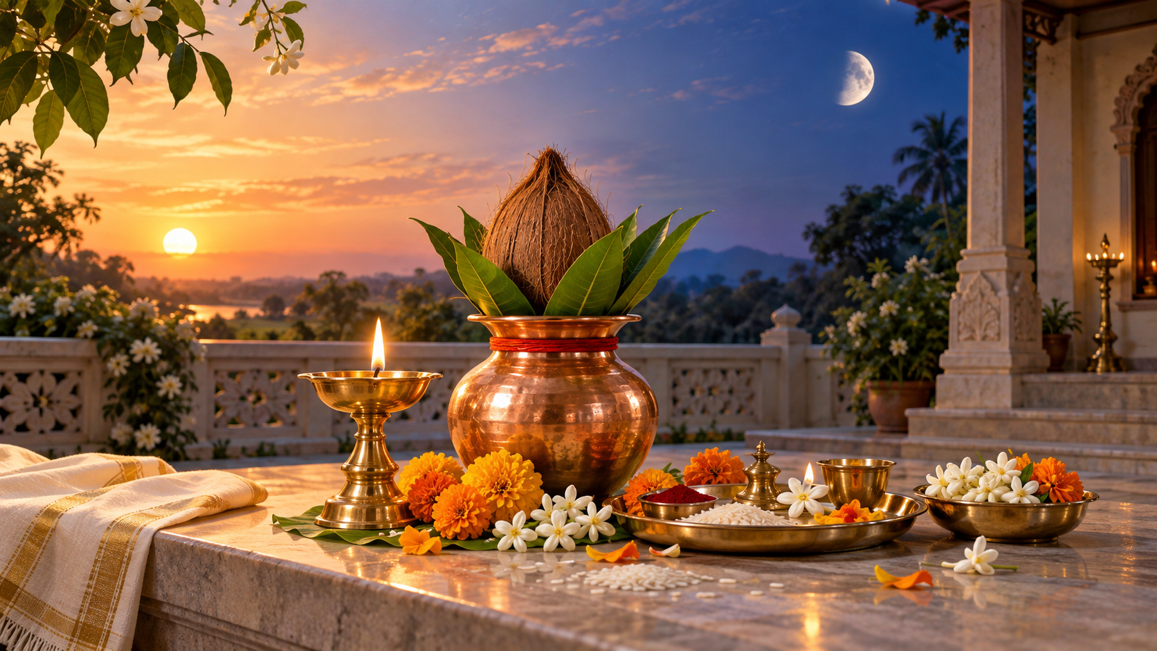A brass diya, copper kalash, flowers, rice, and puja tray in an Indian courtyard beneath a sky changing from golden daylight to moonlit twilight.