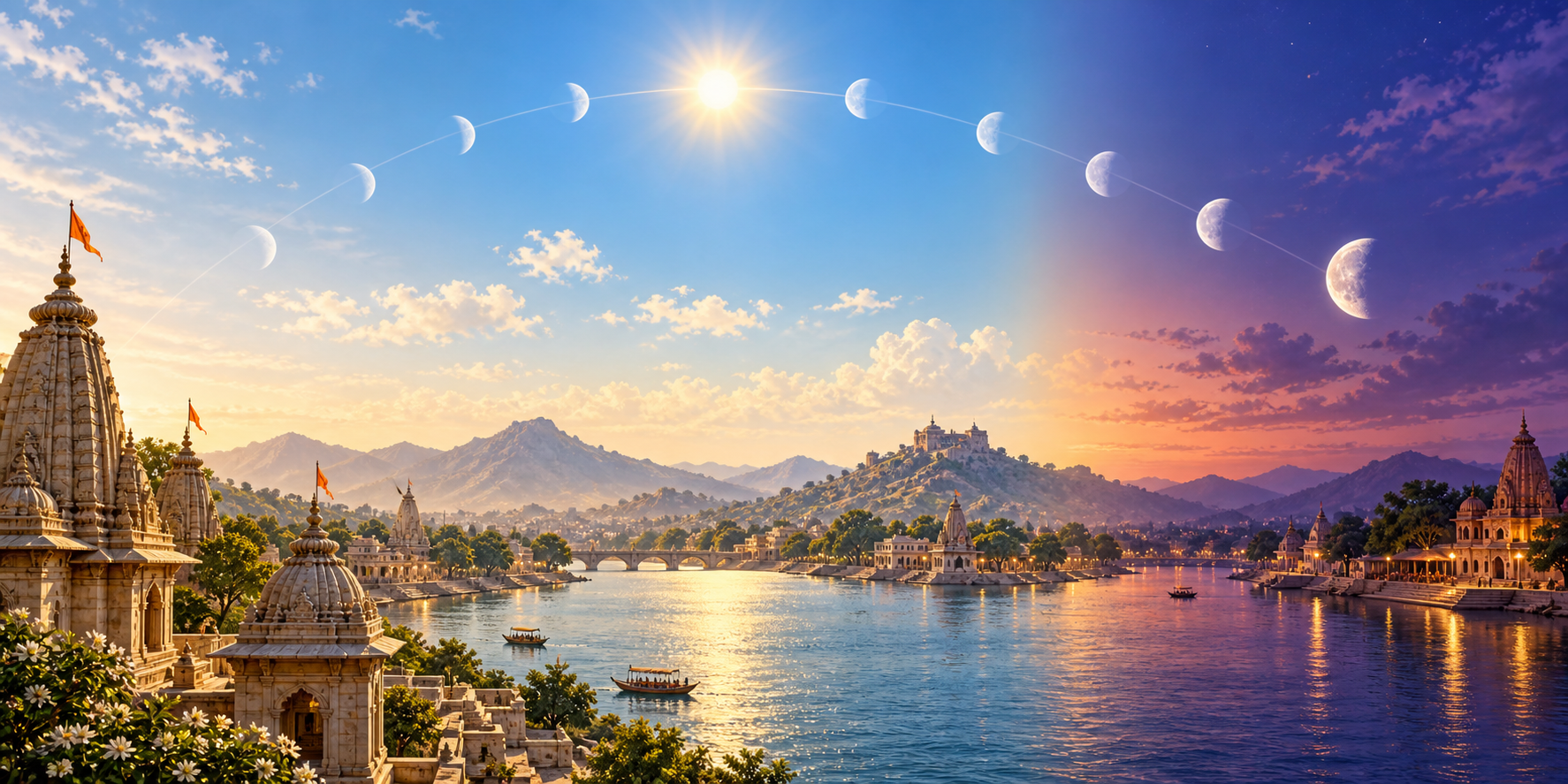 A continuous landscape progresses from morning to evening, with the sun, waxing moon, and a glowing celestial arc symbolizing a lunar-day boundary near dusk.