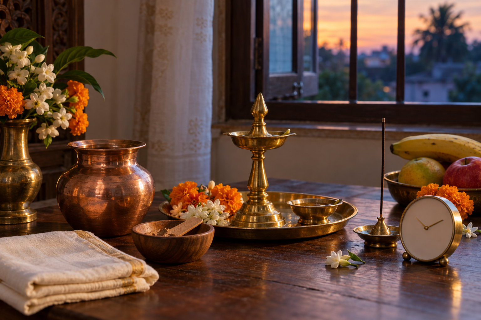 Puja vessels, flowers, fruit, incense, and an unmarked timepiece sit beside a window as warm daylight changes to cool evening light.