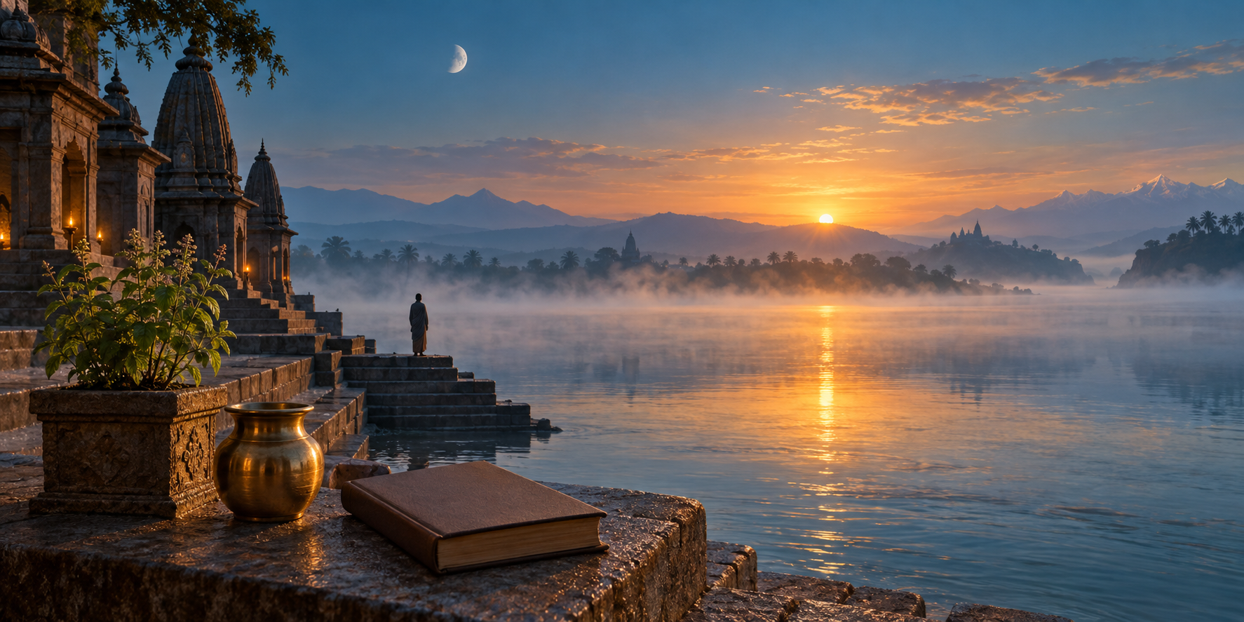 An anonymous devotee stands at a riverside temple ghat at sunrise beside a brass lota, a tulsi plant, and a closed blank almanac.