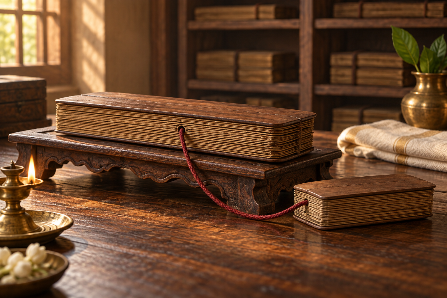 A large closed palm-leaf manuscript bundle and a smaller connected bundle rest beside a brass lamp on a wooden reading stand.