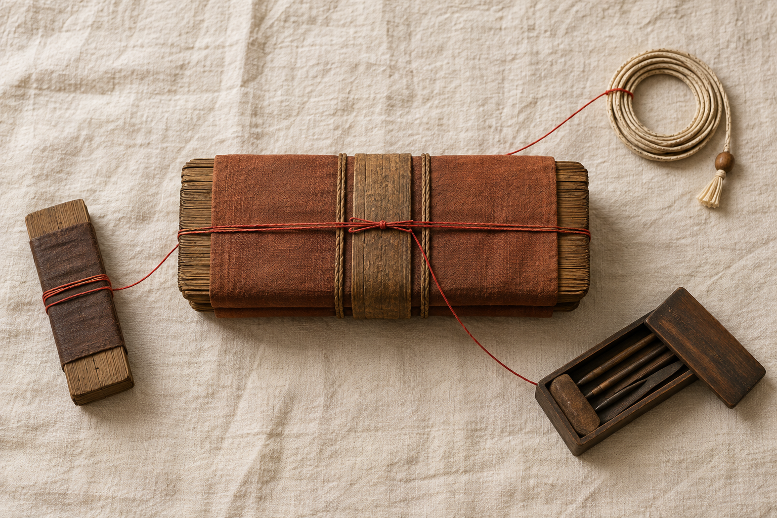 A central closed manuscript bundle is linked by red threads to a smaller bundle, a cord, and a wooden case arranged around it.