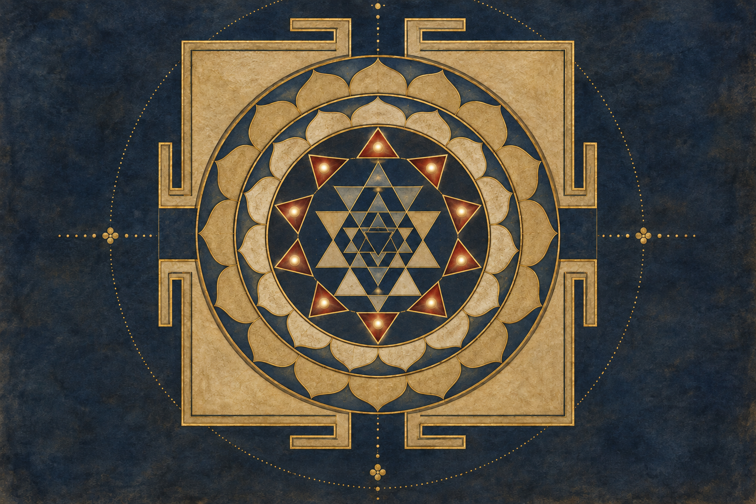 Top-down Sri Chakra illustration with the inner circuit of ten triangles highlighted in vermilion and gold, each containing a small point of light.