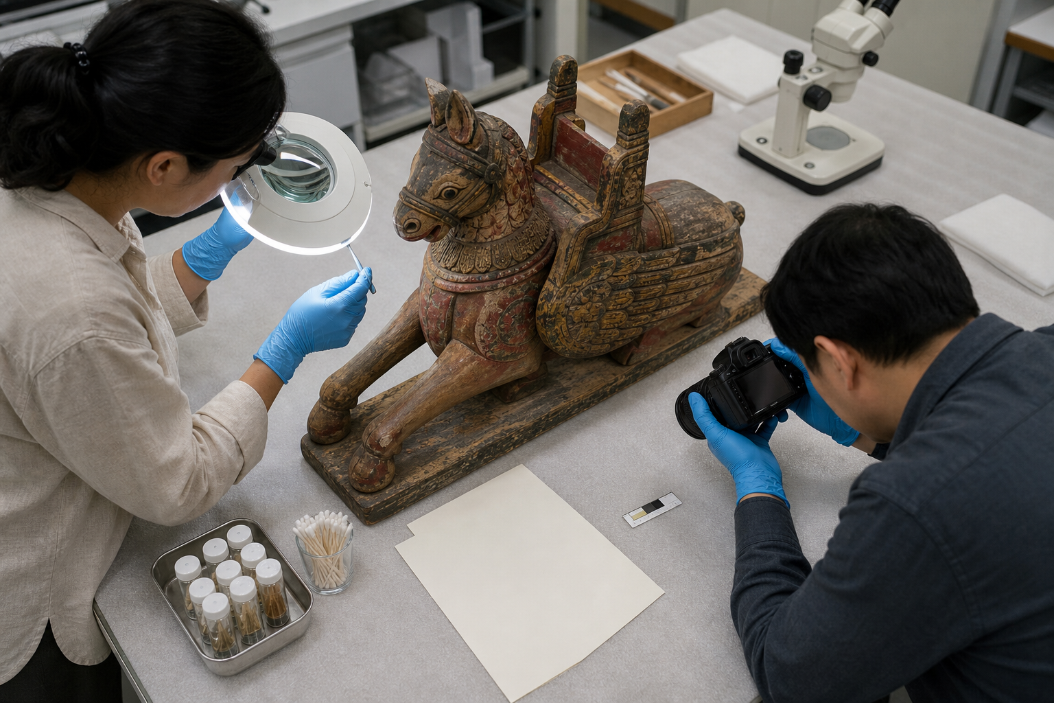 Two heritage specialists examine the wood, pigment, and repaired joint of a carved ceremonial mount in a conservation laboratory.