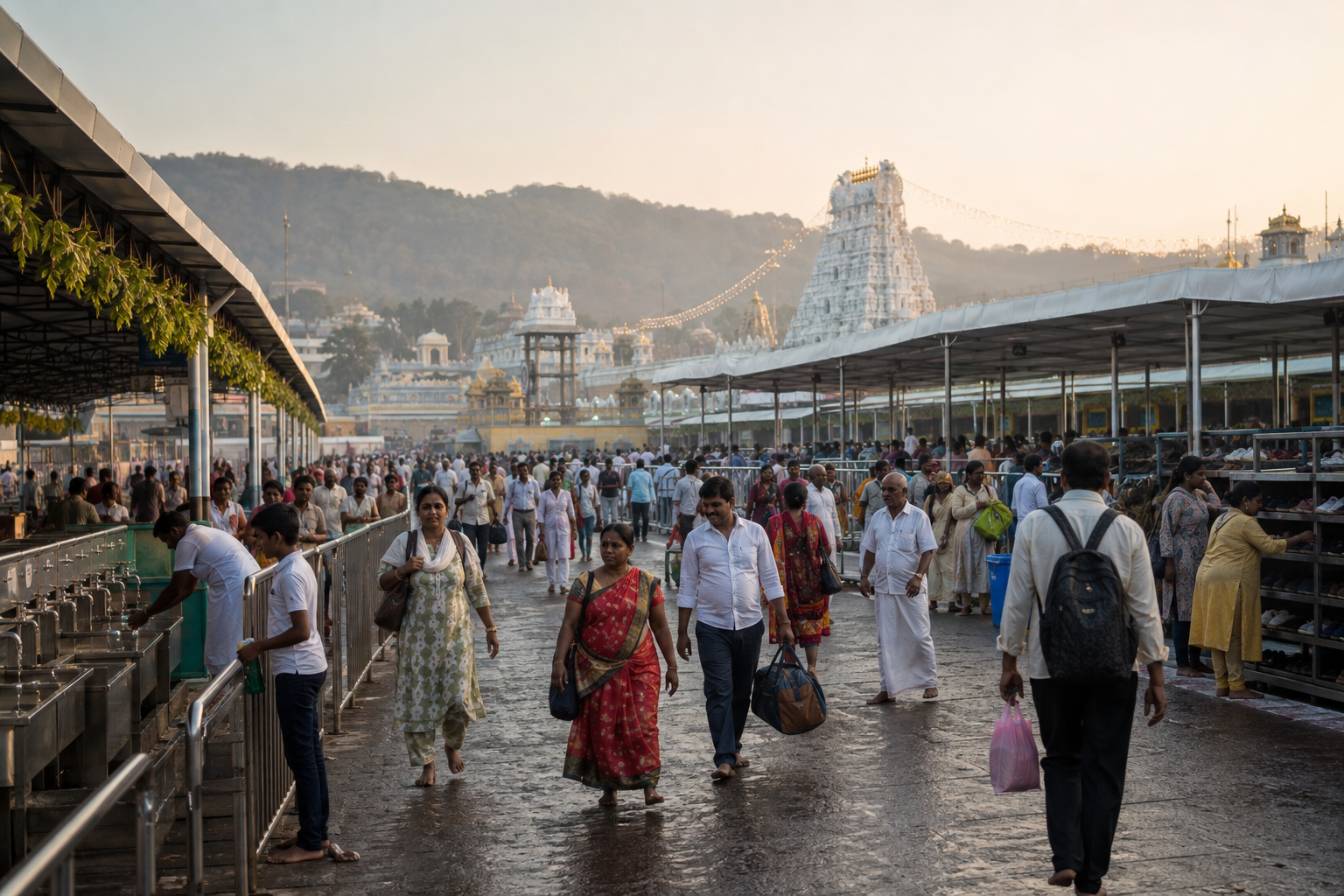 Pilgrims move through organized shaded lanes near Tirumala during a busy festival morning while volunteers assist visitors.