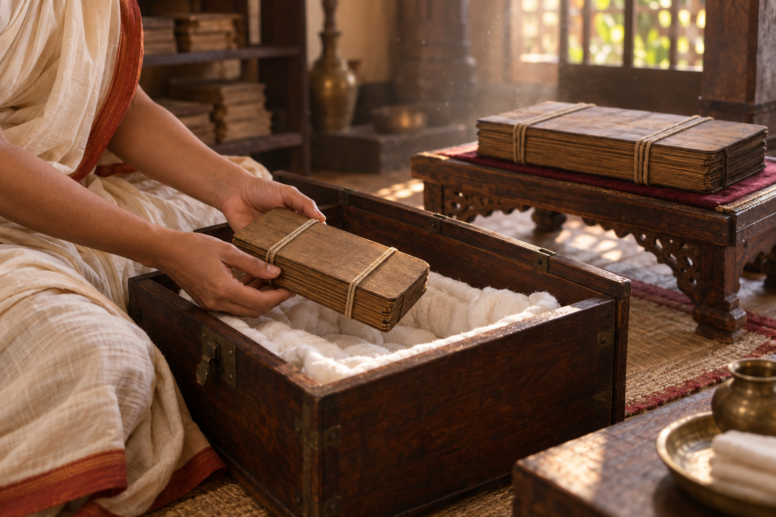 A manuscript custodian carefully removes a small closed palm-leaf bundle from a cloth-lined wooden chest beside a larger bundle.