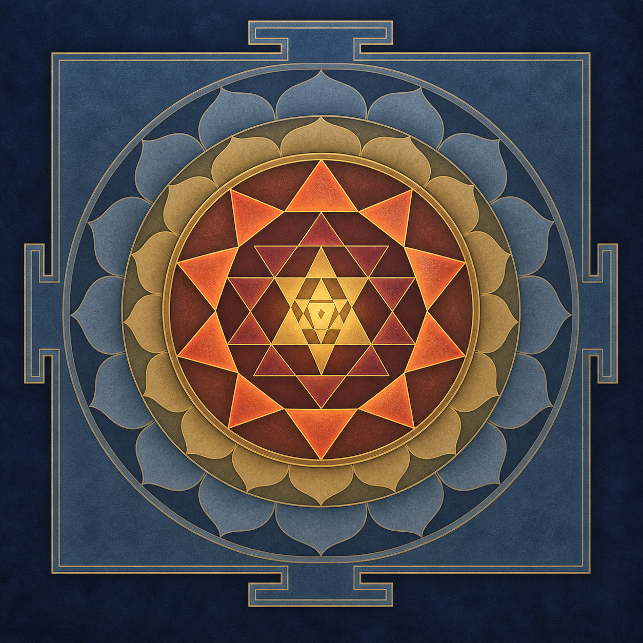 Separated concentric layers of the Sri Chakra lead inward to a prominently illuminated circuit of ten inner triangles.