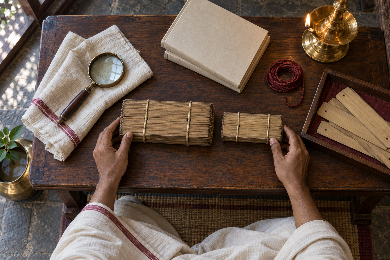 A scholar's hands compare two closed palm-leaf manuscript bundles surrounded by a lens, reference books, cord, cloth, folios, and a lamp.