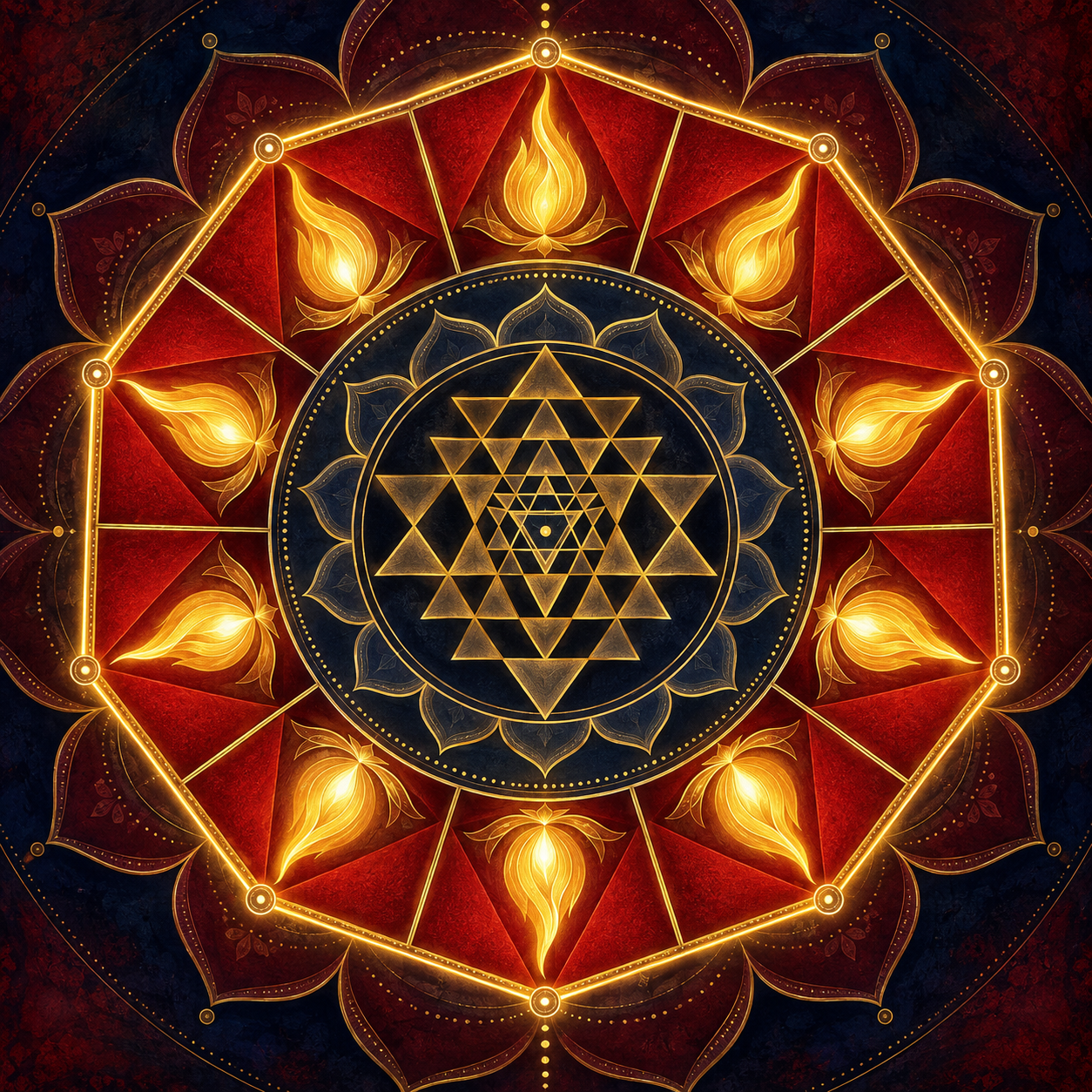 Ten golden flames occupy ten vermilion triangles in a single radial circuit around the center of a sacred geometric design.