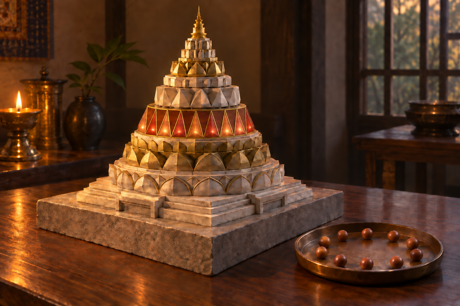Three-dimensional Mahameru with a ten-faceted inner tier glowing in copper beside an unmarked tray holding ten beads.