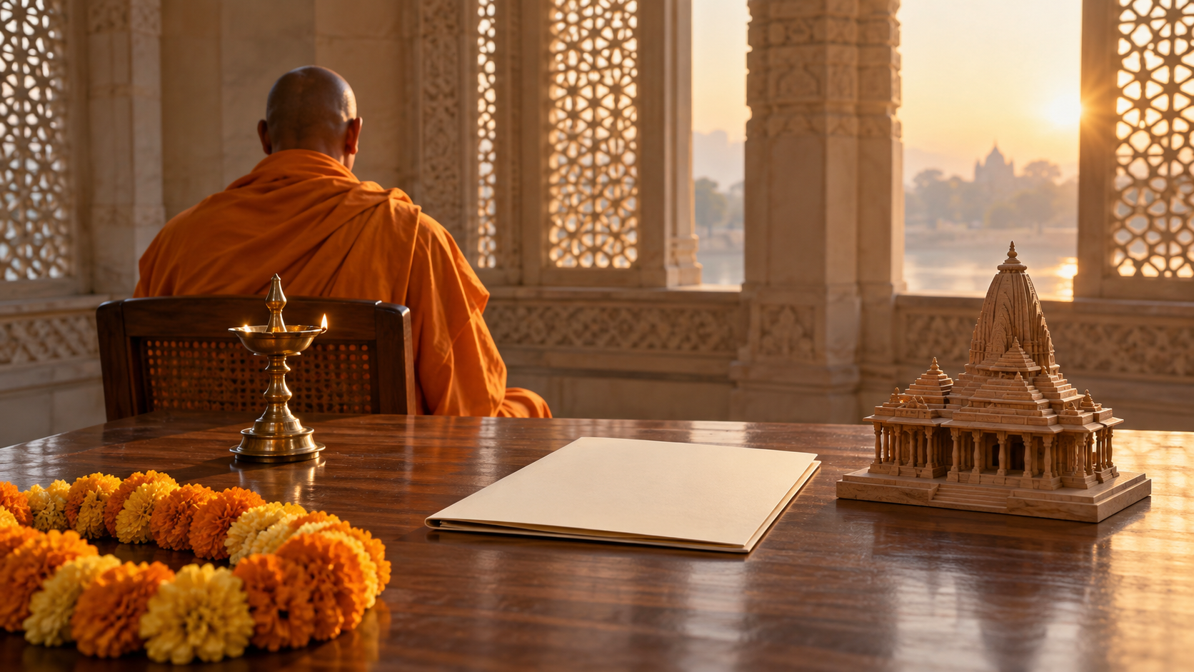 A saffron-robed monk seen from behind at a table with a blank document folder, a brass lamp, a marigold garland and a small stone temple model.