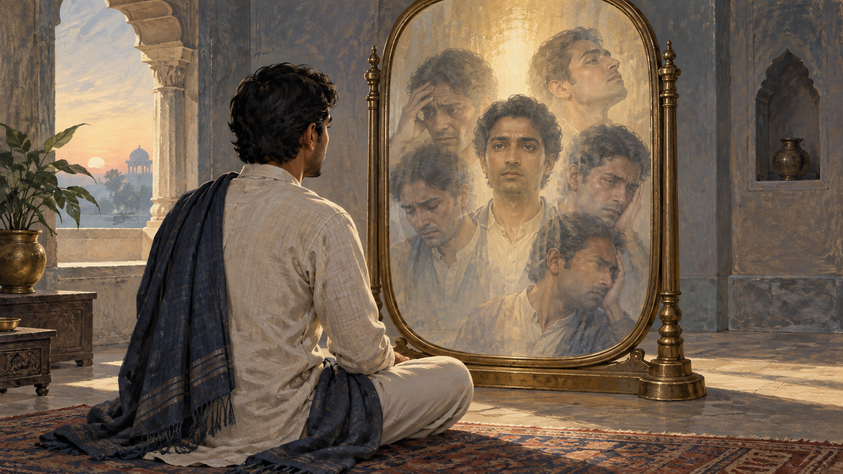 A seated person faces a brass mirror containing several overlapping emotional reflections against a steady field of warm light.
