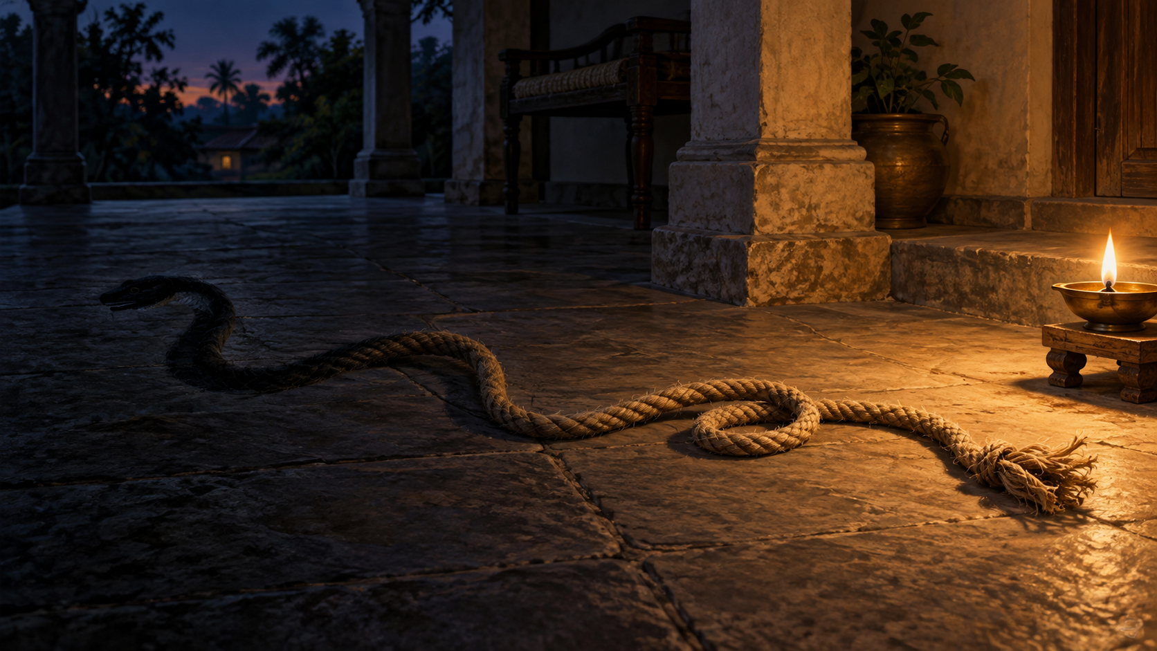 A coiled rope on a dim stone floor resembles a snake in shadow but is revealed clearly by a nearby oil lamp.