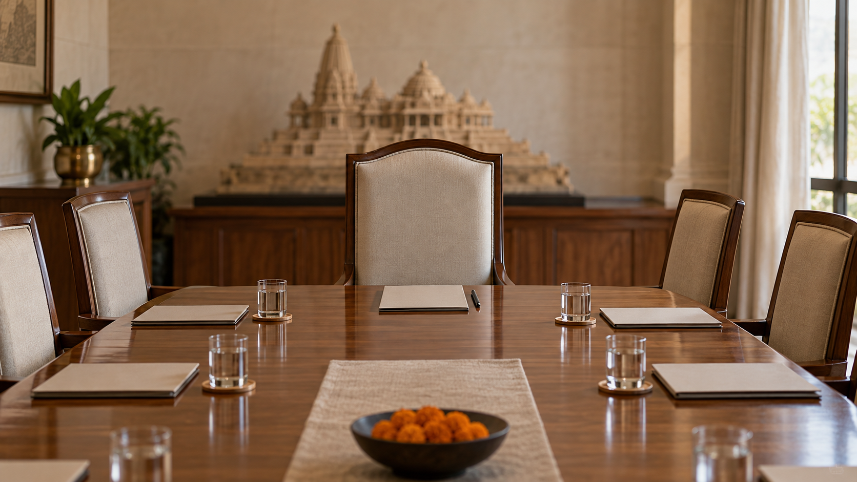 An empty meeting-room chair with a blank folder and pen sits among several other chairs around a trust table, with a temple model in the background.